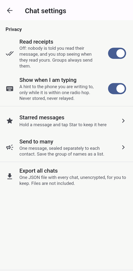The Chat settings screen: read receipts and typing hints as switches, then Starred messages, Send to many and Export all chats.