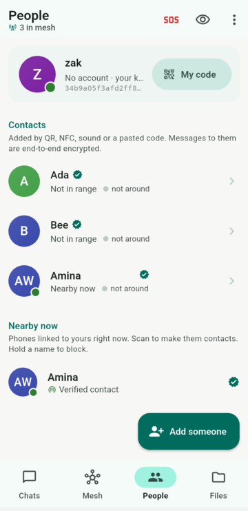 The People tab with a contact whose presence line reads nearby now.