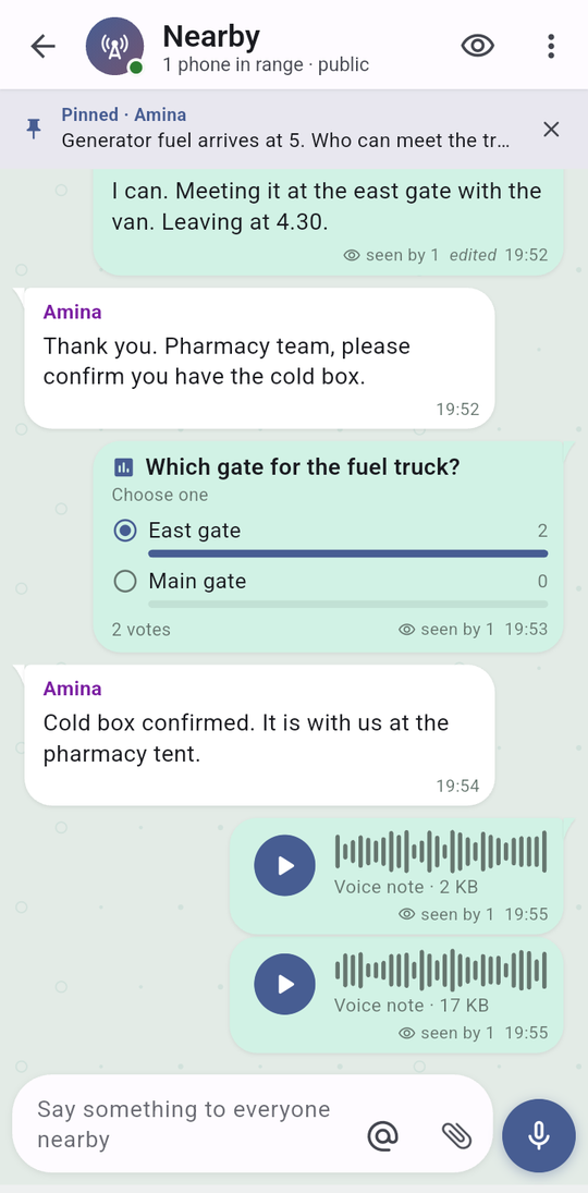 The Nearby room on a phone, with a pinned message, a reply, a reaction, a poll and voice notes.