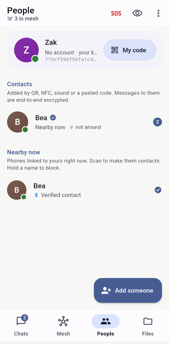 People tab on a phone: the app bar with SOS, the eye, and the menu; three phones in the mesh.