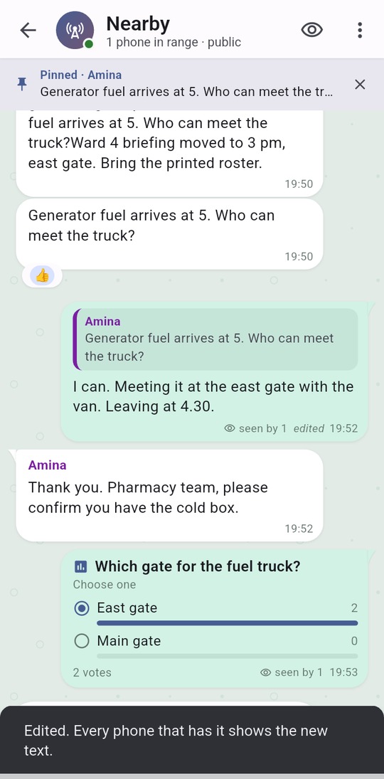 The poll in the chat after a vote from a browser node and one from the phone: East gate 2, Main gate 0.