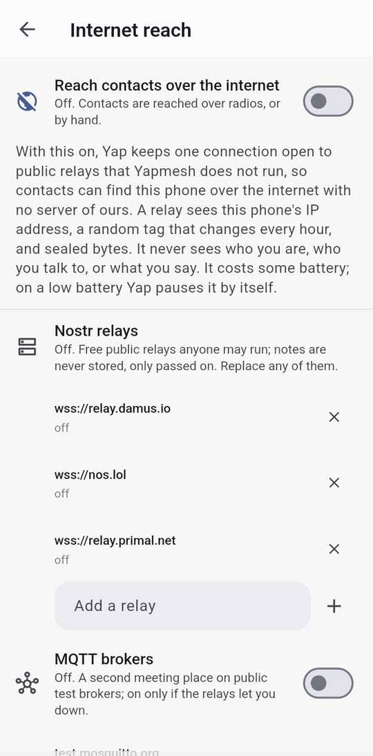 Internet reach, off, with the default public relays.