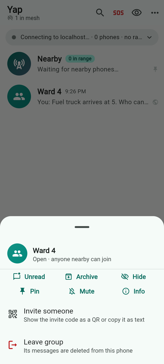 Holding a group row on the Chats tab.