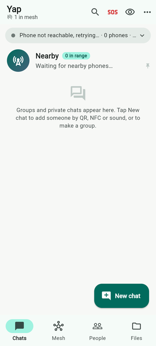 Chats on a fresh install: the Nearby row is always first; the empty state explains New chat.