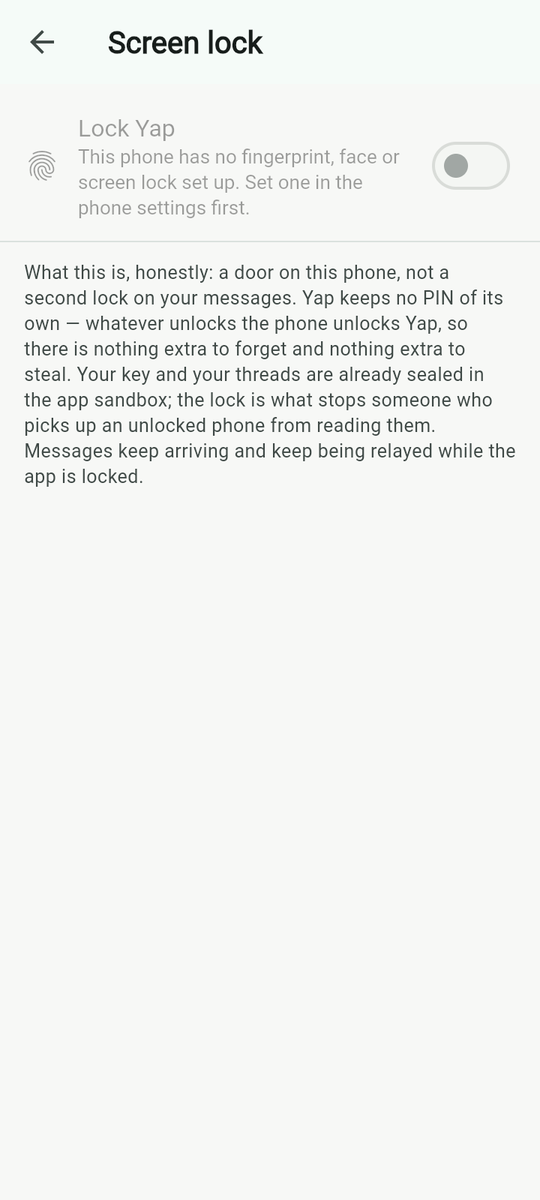 Screen lock on a device with no screen lock set; on a phone with one, the switch is live.