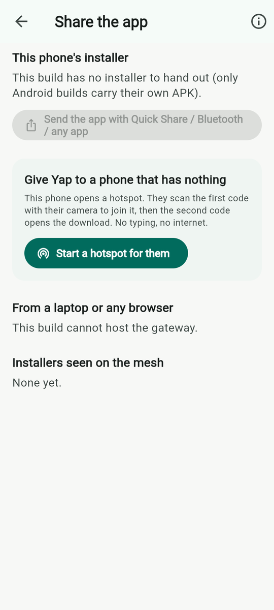 Share the app as the browser copy sees it; a phone adds its installer and the gateway.